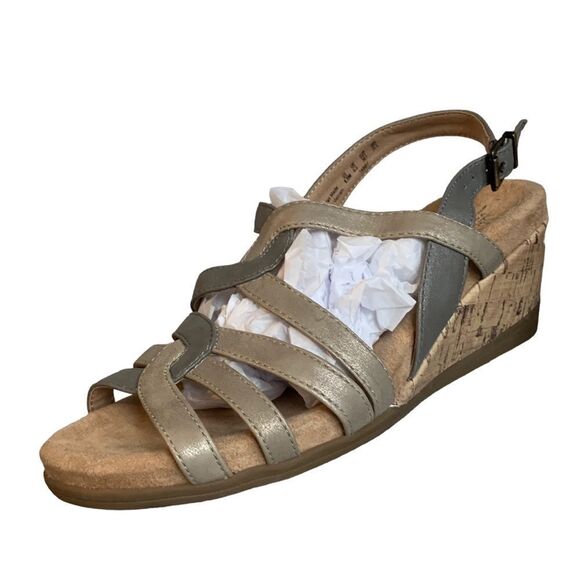 LifeStride Tabby Metallic Wedge Grey Gold Vegan Leather Wedge Cork Sandals 8.5 - Picture 3 of 15